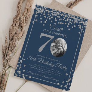 SURPRISE 70th Birthday Silver Confetti Navy Blue Invitation