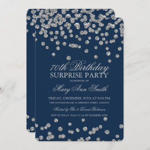 Surprise 70th Birthday Silver Glitter Navy Blue Invitation