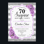 Surprise 70th Birthday - Silver White Purple Invitation<br><div class="desc">Surprise 70th Birthday Invitation.
Feminine white,  lavender design with faux glitter silver. Features stripes,  pastel lilac purple roses,  script font and confetti. Perfect for an elegant birthday party. Can be personalized to show any age. Message me if you need further customization.</div>