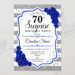 Surprise 70th Birthday - Silver White Royal Blue Invitation<br><div class="desc">Surprise 70th Birthday Invitation.
Feminine white,  royal blue design with faux glitter silver. Features stripes,  navy roses,  script font and confetti. Perfect for an elegant birthday party. Can be personalized to show any age. Message me if you need further customization.</div>