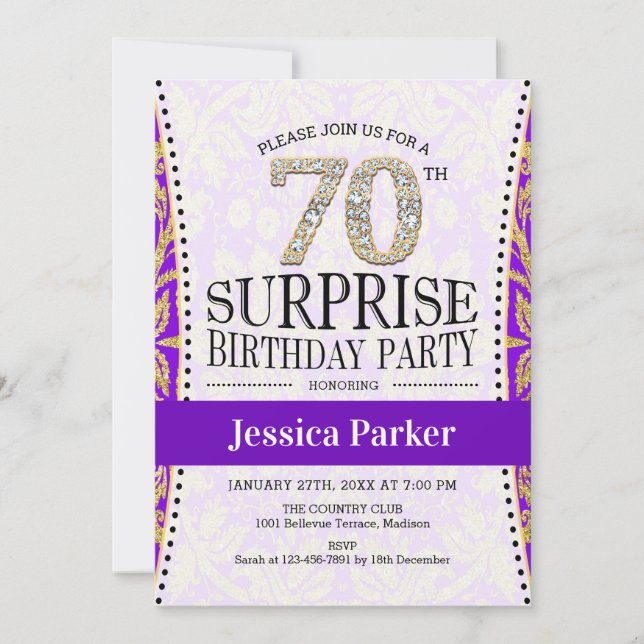 Surprise 70th Birthday - White Gold Purple Invitation (Front)