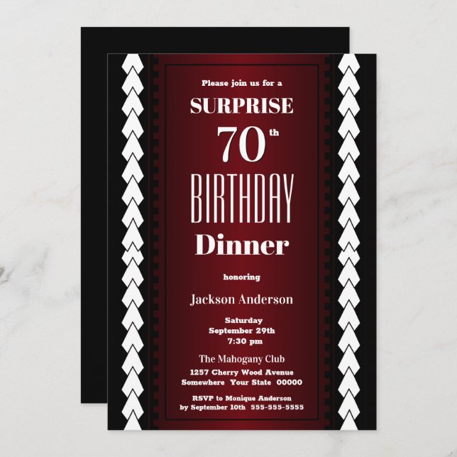 Surprise 70th Burgundy Birthday Dinner Invitation (Front/Back)