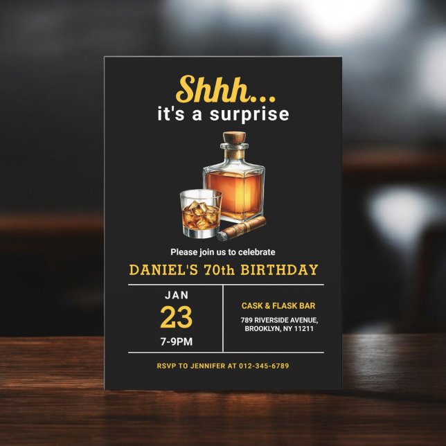 Surprise 70th Whiskey Cigar Bourbon Birthday Party Invitation (Creator Uploaded)