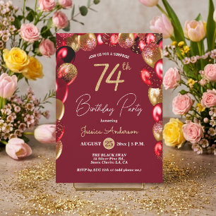 Surprise 74th Birthday Party Gold Burgundy Glitter Invitation