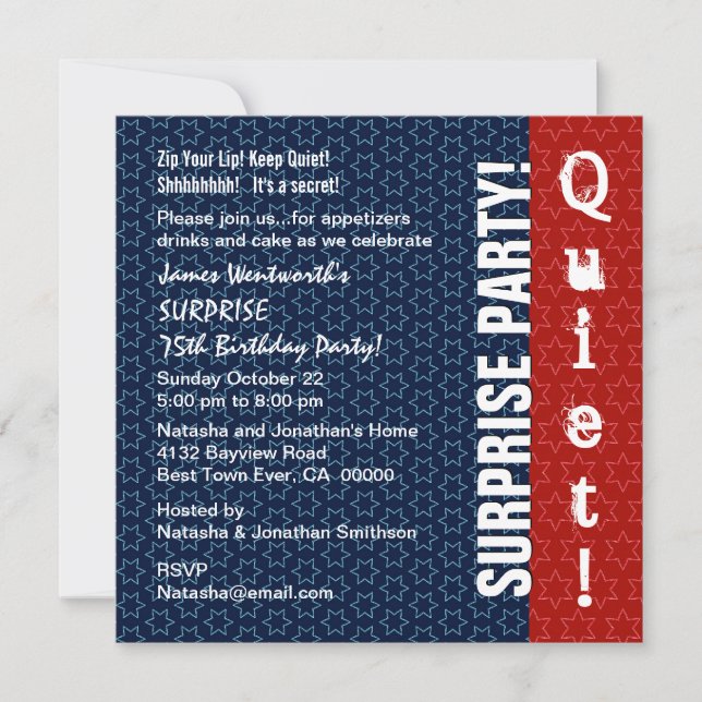 SURPRISE 75th Birthday Modern Red White Blue Star Invitation (Front)