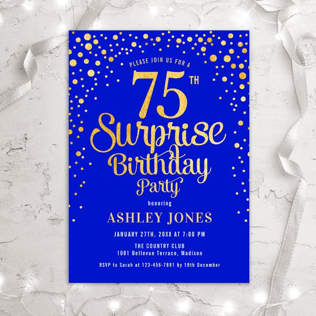 Surprise 75th Birthday Party - Royal Blue & Gold Invitation (Creator Uploaded)