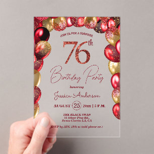 Surprise 76th Birthday Party Gold Burgundy Glitter Acrylic Invitations