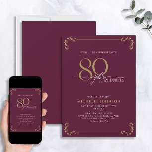 Surprise 80 & Fabulous Burgundy & Gold Birthday  Invitation