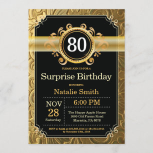Surprise 80e anniversaire Invitation Black and Gol
