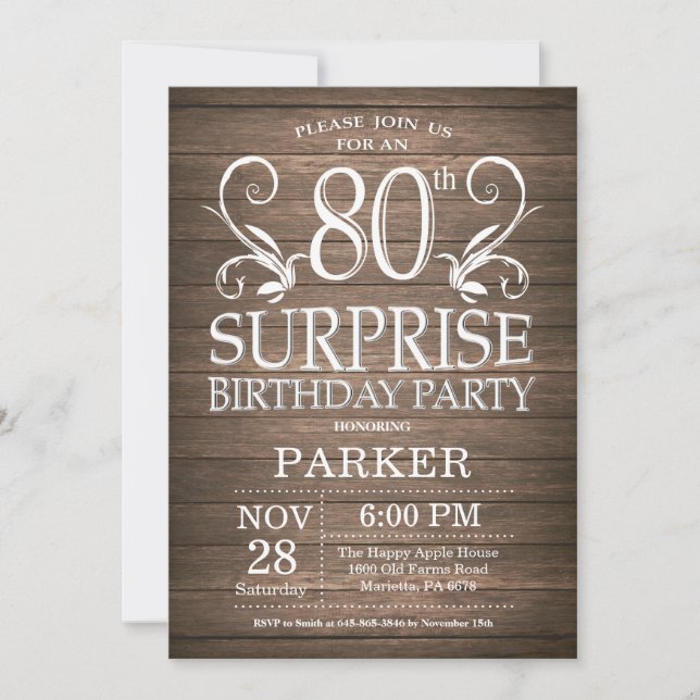 Surprise 80e anniversaire Invitation Bois rustique (Devant)