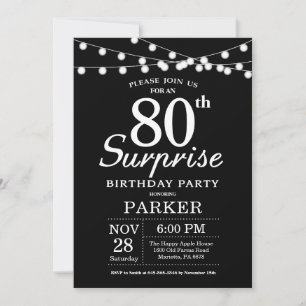 Surprise 80e anniversaire Invitation noir et blanc