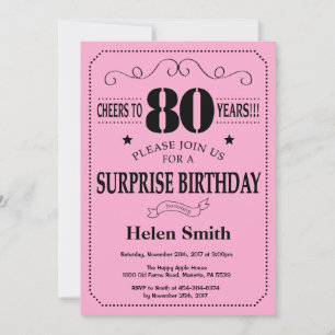 Surprise 80e anniversaire Invitation noir et rose