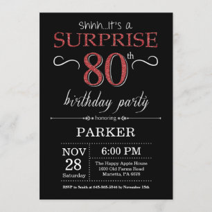 Surprise 80e anniversaire Invitation Noir et Rouge