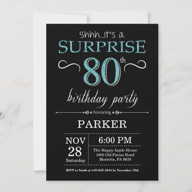 Surprise 80e anniversaire Invitation Noir et Turqu (Devant)