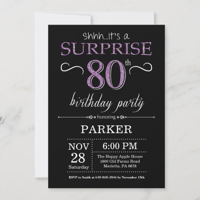 Surprise 80e anniversaire Invitation noir et viole (Devant)