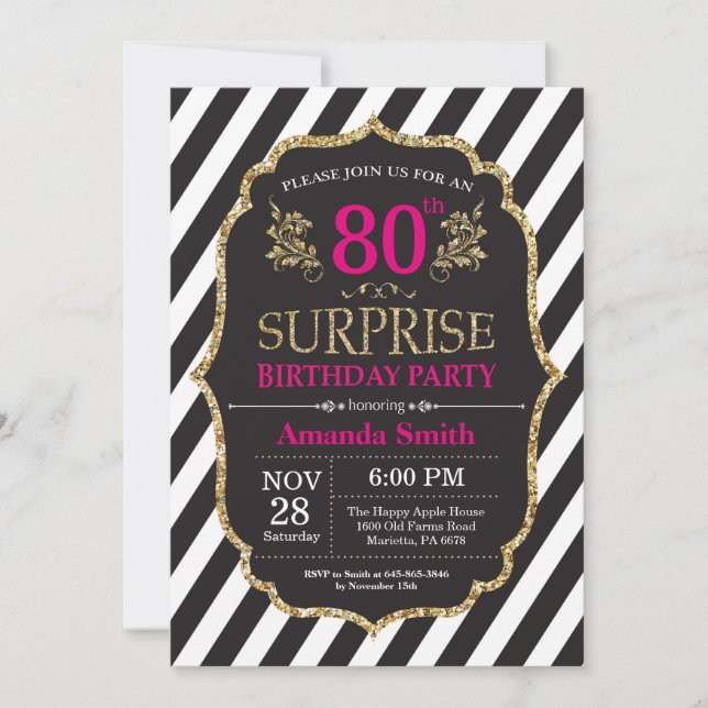 Surprise 80e anniversaire Invitation Pink Black Go (Devant)