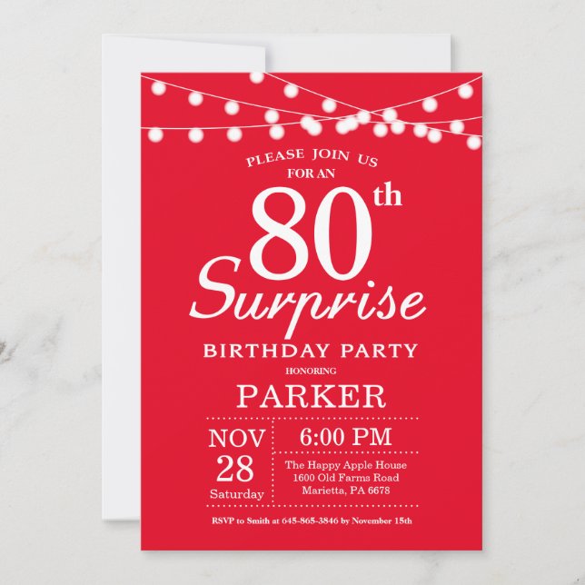 Surprise 80e anniversaire Invitation Rouge (Devant)