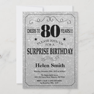 Surprise 80th Birthday Black and Silver Glitter Invitation