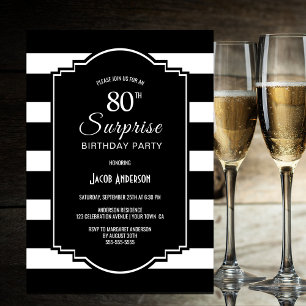 Surprise 80th Birthday Black and White Striped Invitation