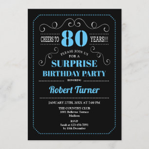 Surprise 80th Birthday - Black Blue Invitation