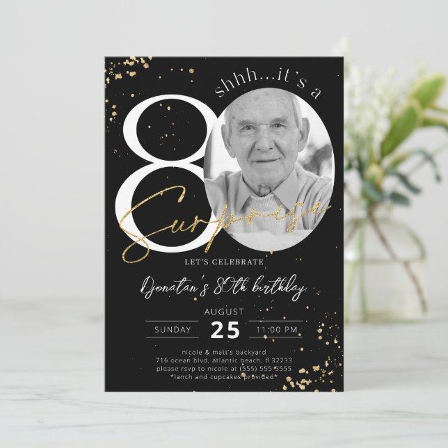  Surprise 80th Birthday Black Gold Photo Invitation (Standing Front)