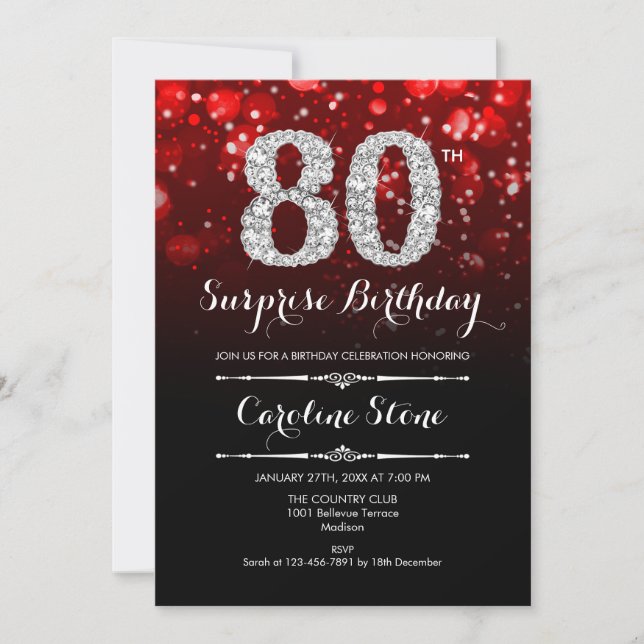 Surprise 80th Birthday - Black Red Silver Invitation (Front)