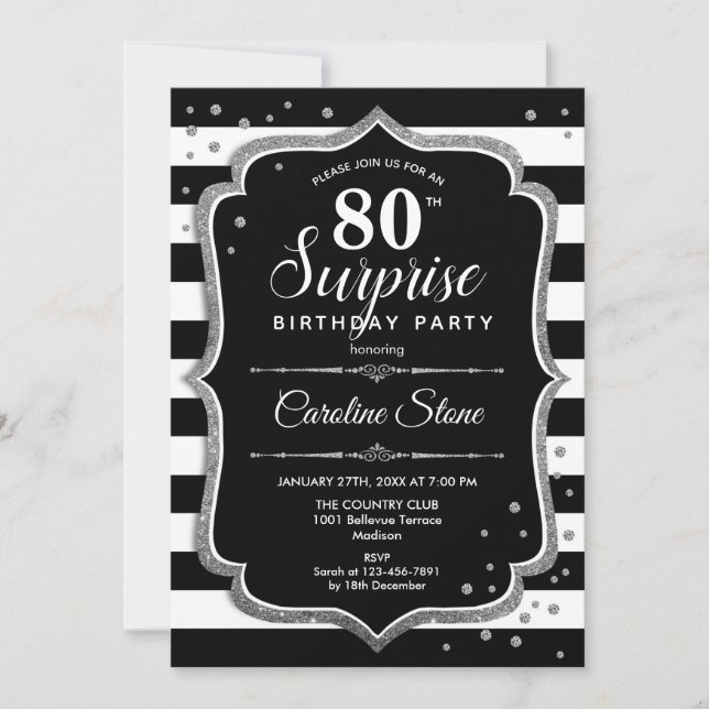 Surprise 80th Birthday - Black White Silver Invitation (Front)