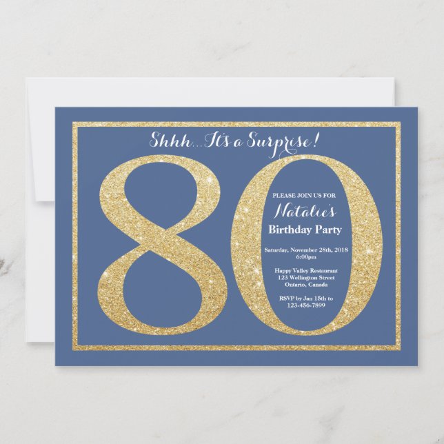 Surprise 80th Birthday Blue and Gold Glitter Invitation (Front)
