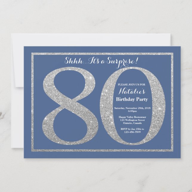 Surprise 80th Birthday Blue and Silver Glitter Invitation (Front)