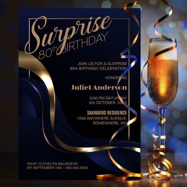 Surprise 80th Birthday Blue Gold Party Invitation (Creator Uploaded)