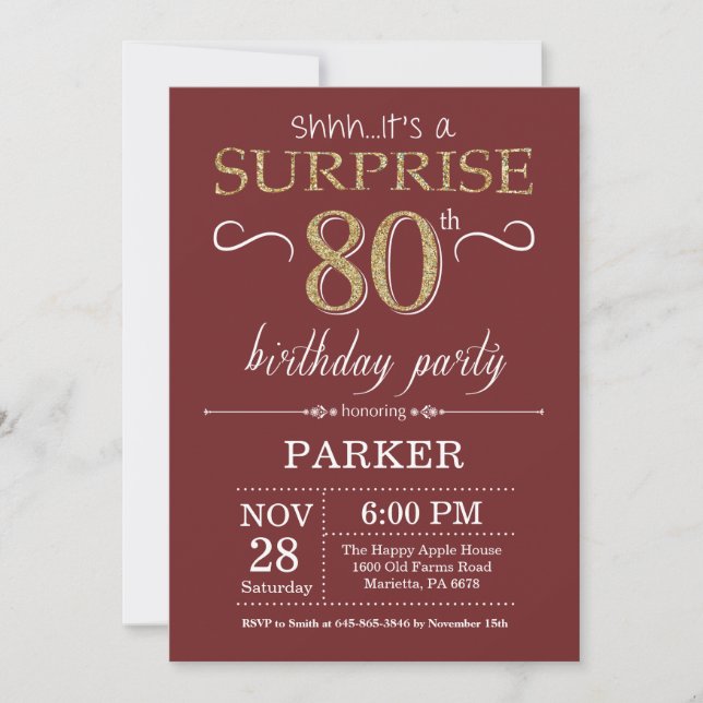 Surprise 80th Birthday Burgundy and Gold Glitter Invitation (Front)