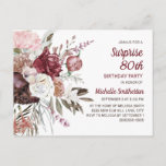 Surprise 80th Birthday Burgundy Blush Pink Floral Postcard<br><div class="desc">Elegant burgundy,  blush pink,  and cream-coloured floral Surprise 80th birthday party invitation for women.  You can customize the text on this card for a birthday party for any age you are celebrating.</div>