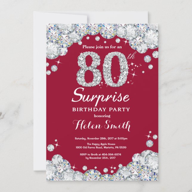 Surprise 80th Birthday Burgundy Red Silver Diamond Invitation (Front)