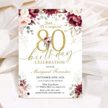  Surprise 80th Birthday Burgundy Rose Floral Gold 