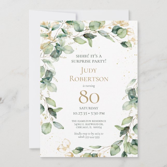 Surprise 80th Birthday Eucalyptus  Invitation (Front)