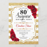 Surprise 80th Birthday - Gold White Red Invitation<br><div class="desc">Surprise 80th Birthday Invitation.
Feminine white,  red design with faux glitter gold. Features stripes,  red roses,  script font and confetti. Perfect for an elegant birthday party. Can be personalized to show any age. Message me if you need further customization.</div>