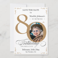 Surprise 80th Birthday Gold White Save The Date