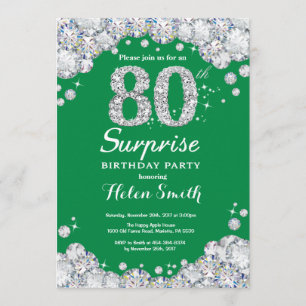 Surprise 80th Birthday Green and Silver Diamond Invitation