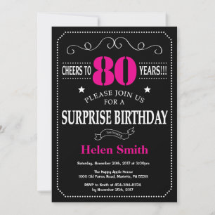 Surprise 80th Birthday Hot Pink and Black Invitation