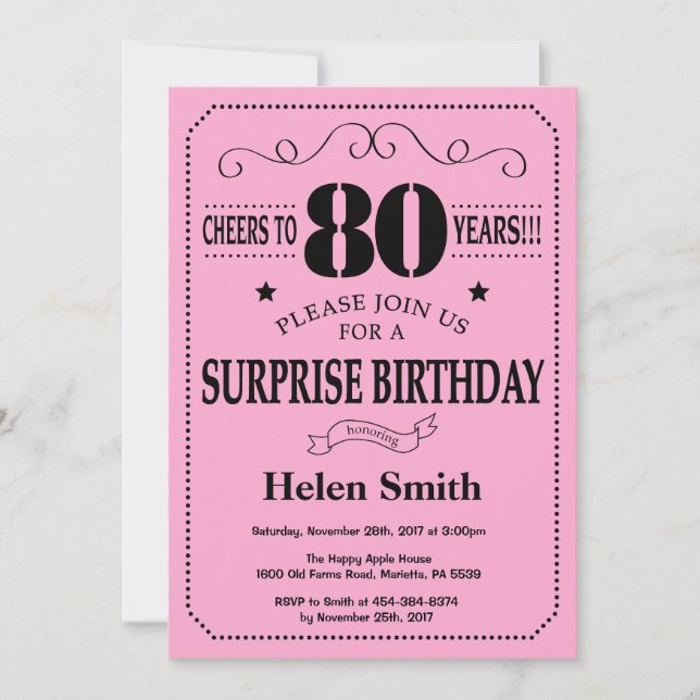 Surprise 80th Birthday Invitation Black and Pink (Front)