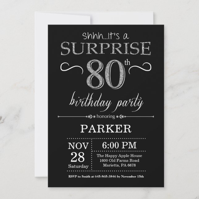 Surprise 80th Birthday Invitation Black and Silver (Front)