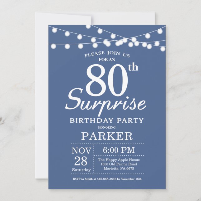 Surprise 80th Birthday Invitation Blue (Front)