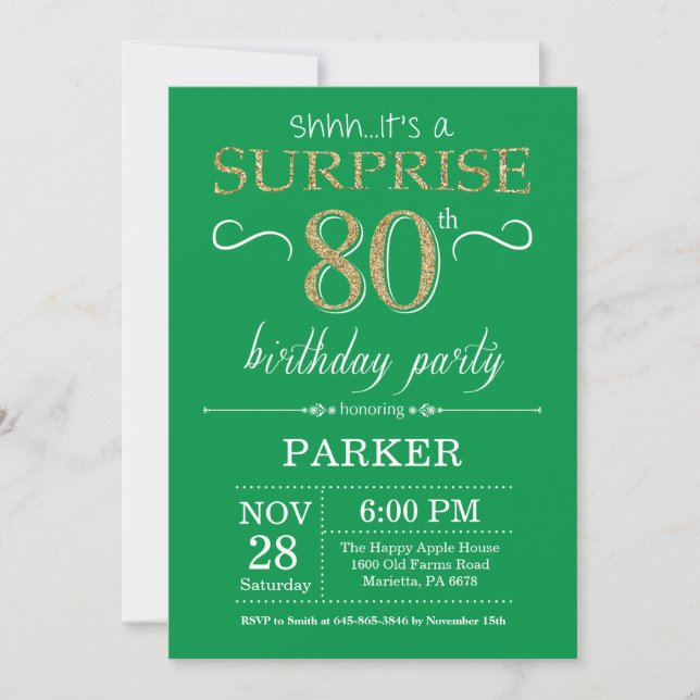 Surprise 80th Birthday Invitation Green and Gold (Front)