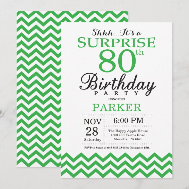 Surprise 80th Birthday Invitation Green Chevron (Front/Back)