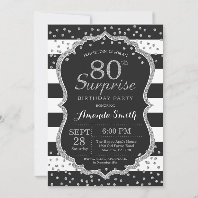 Surprise 80th Birthday Invitation. Silver Glitter Invitation (Front)