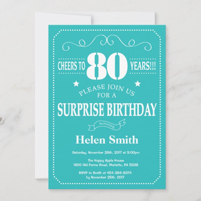 Surprise 80th Birthday Invitation Teal and White (Front)