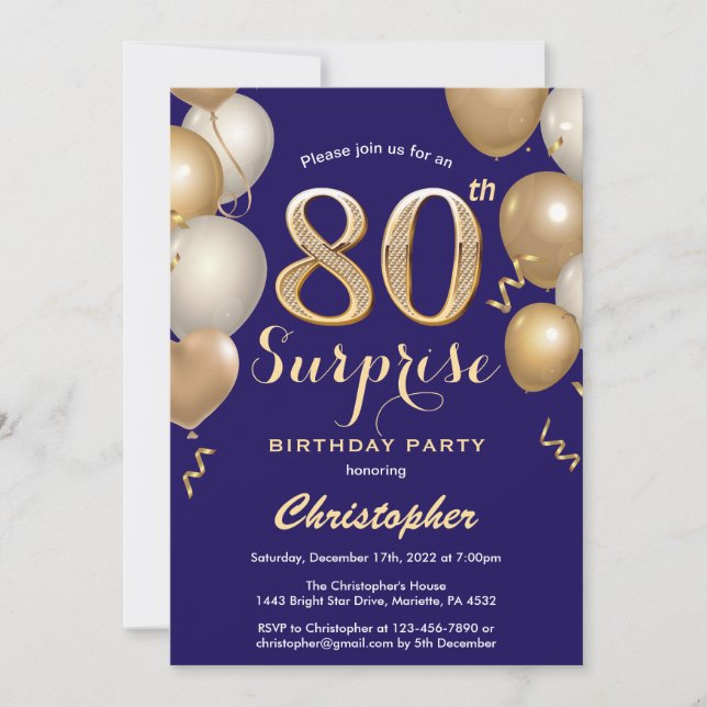 Surprise 80th Birthday Navy Blue and Gold Balloons Invitation (Front)