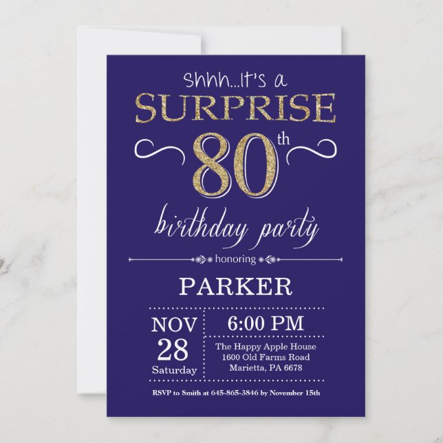 Surprise 80th Birthday Navy Blue and Gold Glitter Invitation (Front)