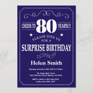 Surprise 80th Birthday Navy Blue and White Invitation