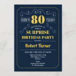 Surprise 80th Birthday - Navy Blue Gold Invitation<br><div class="desc">Surprise 80th Birthday Invitation.
Elegant retro navy blue and yellow gold design. Cheers to 80 years! Can be customized to show any age!</div>